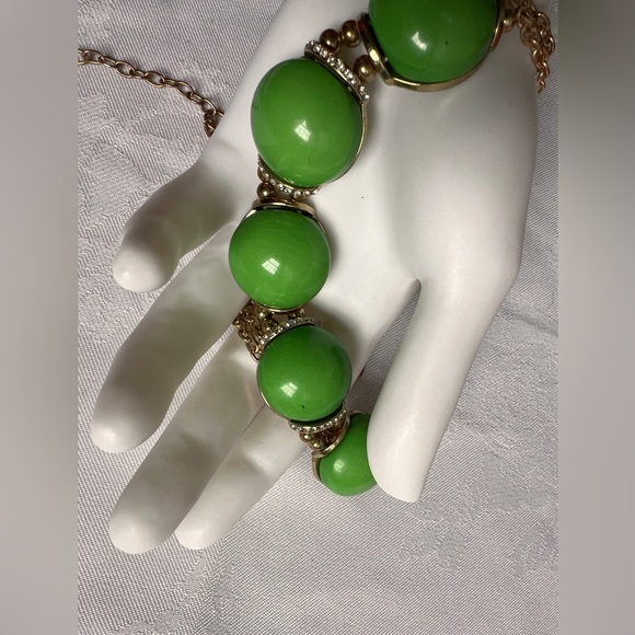 Vintage Art Deco Green cabochon Bubbles Necklace rhinestone spacer double golden - Picture 5 of 10